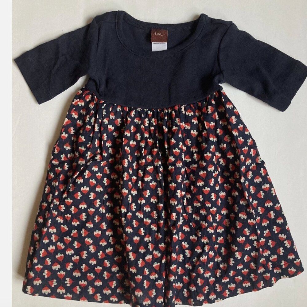 Tea Collection Navy Blue with red floral print Cotton Dress size 6-12 months EUC